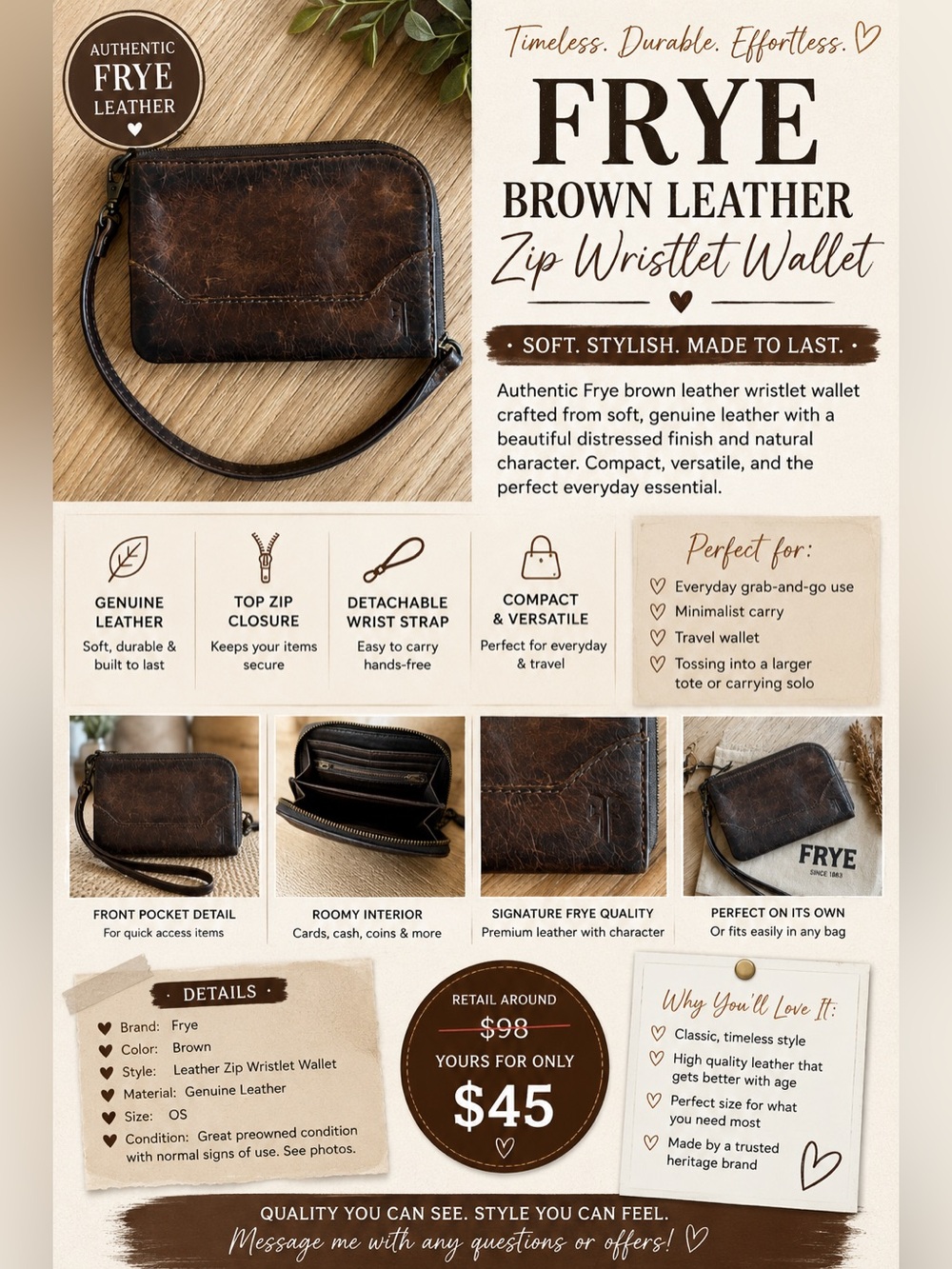 Frye Brown Leather Zip Wristlet Wallet